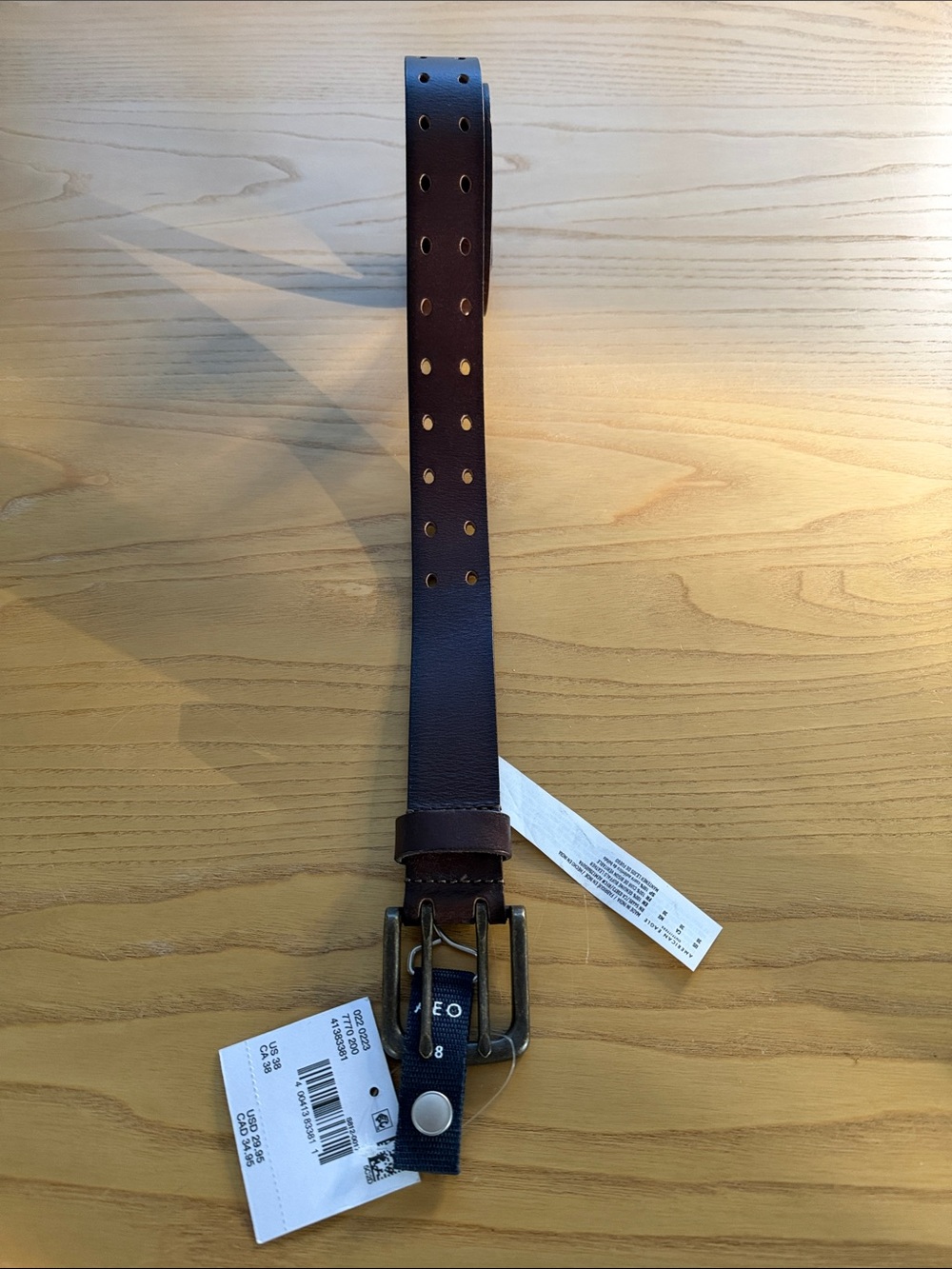 American Eagle Outfitters Brown Leather Belt with Navy Loop and Brass Buckle